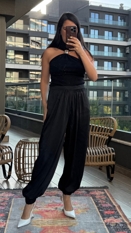 Siyah Saten Şalvar Pantolon