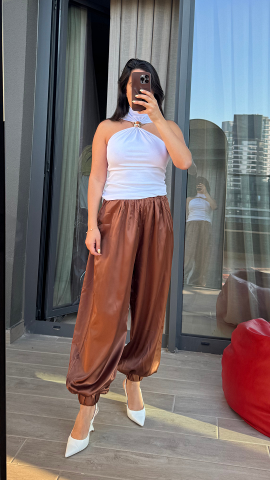 Kahverengi Saten Şalvar Pantolon