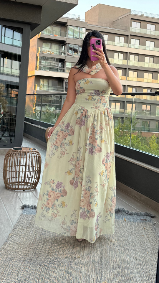 Fularlı, Çiçek Desenli Straplez Elbise