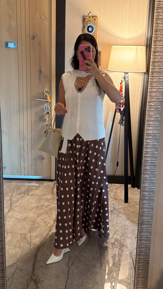 Puantiyeli Maxi Kahverengi Saten Etek