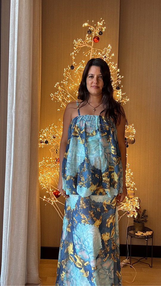 Çiçek Desenli Mavi Maxi Elbise