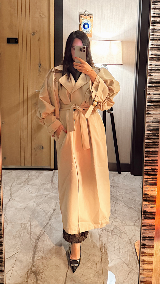 Balon Kol Kruvaze Yaka Uzun Trençkot - Bej