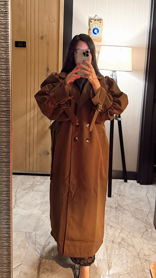 Balon Kol Kruvaze Yaka Uzun Trençkot -Kahverengi