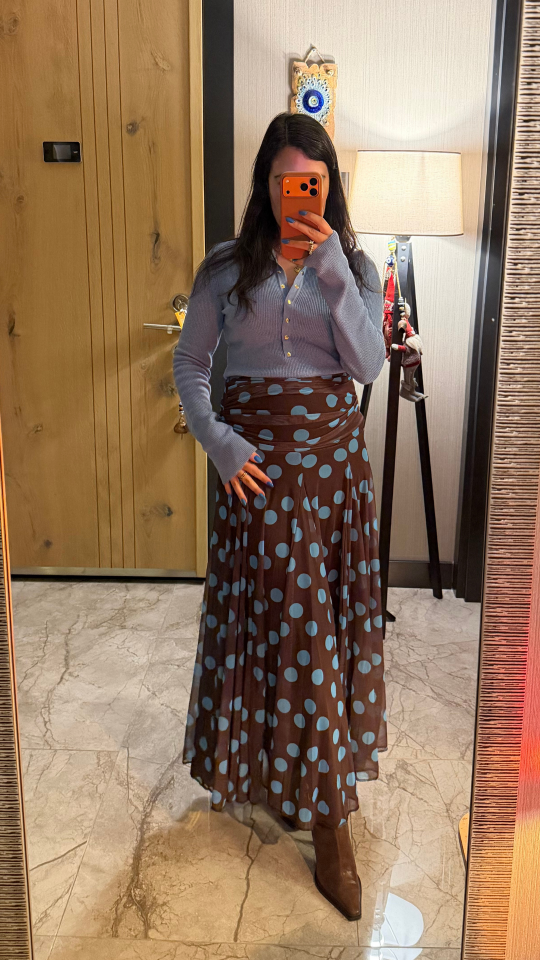 Drapeli Mavi Puantiyeli Kahverengi Etek