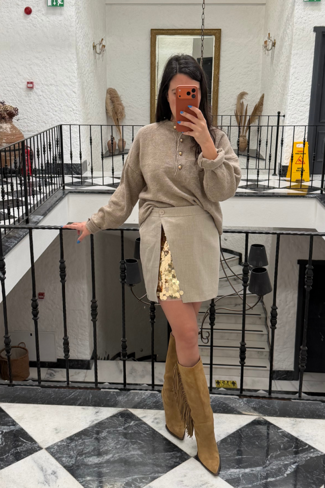 Payet Detaylı Taş rengi Etek