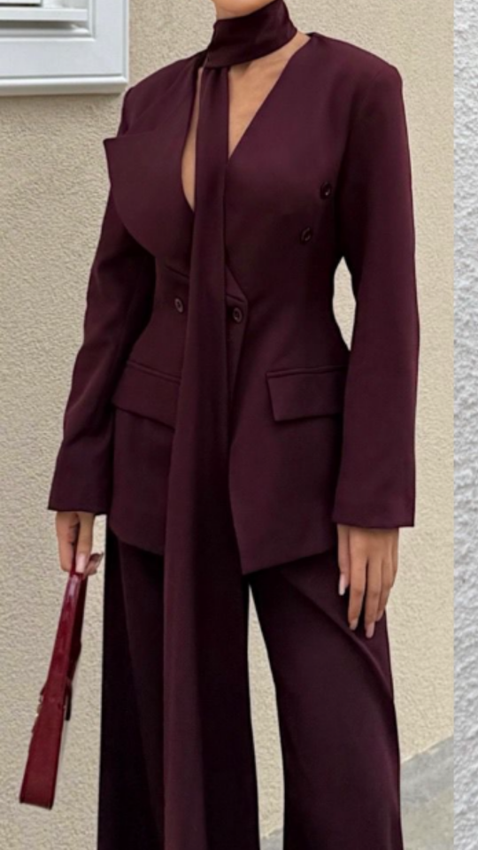 Uzun Fularlı Ceket Pantolon Takım Mürdüm