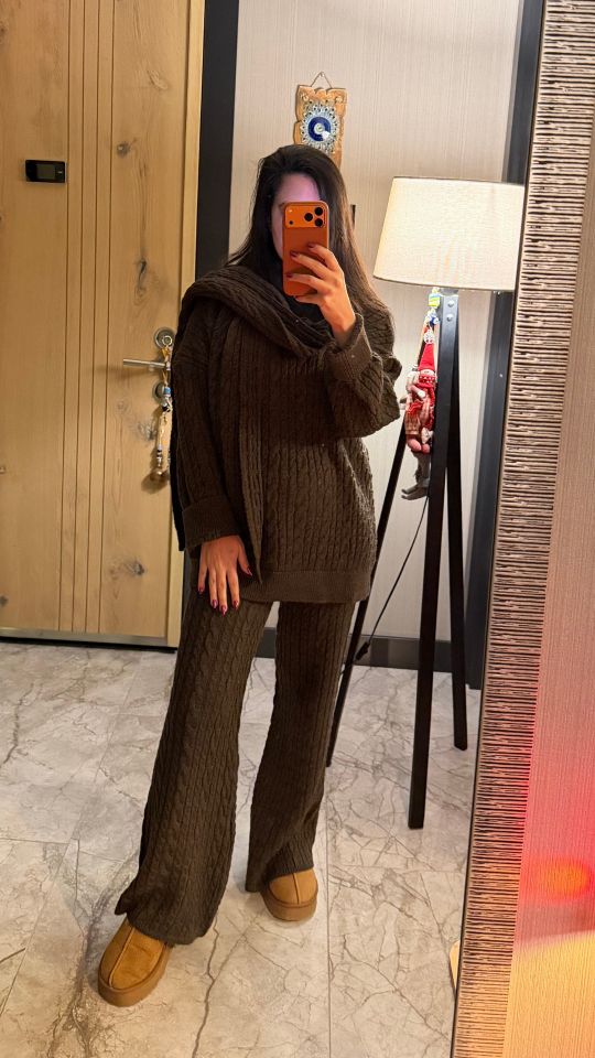 Şal Detaylı Örgü Eşofman Takım Kahverengi