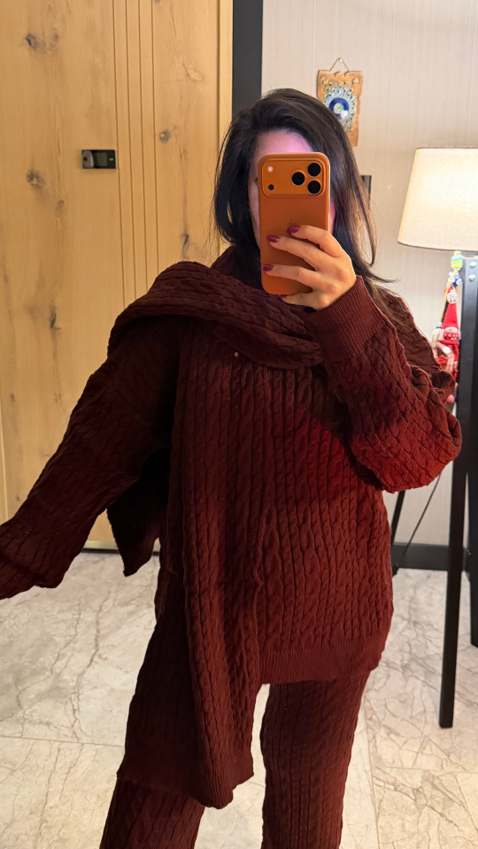 Şal Detaylı Örgü Eşofman Takım Bordo