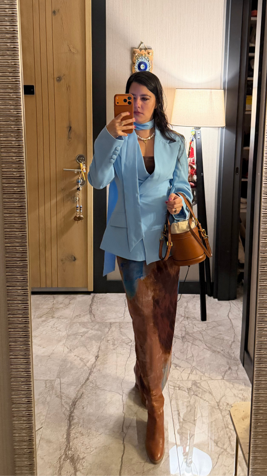 Fularlı Mavi Blazer Ceket