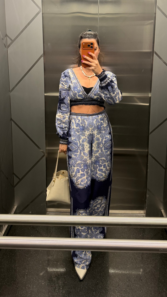 Etnik Desen Crop Bluz Pantolon Takım