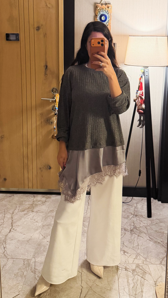 Saten Parçalı Triko Bluz Antrasit