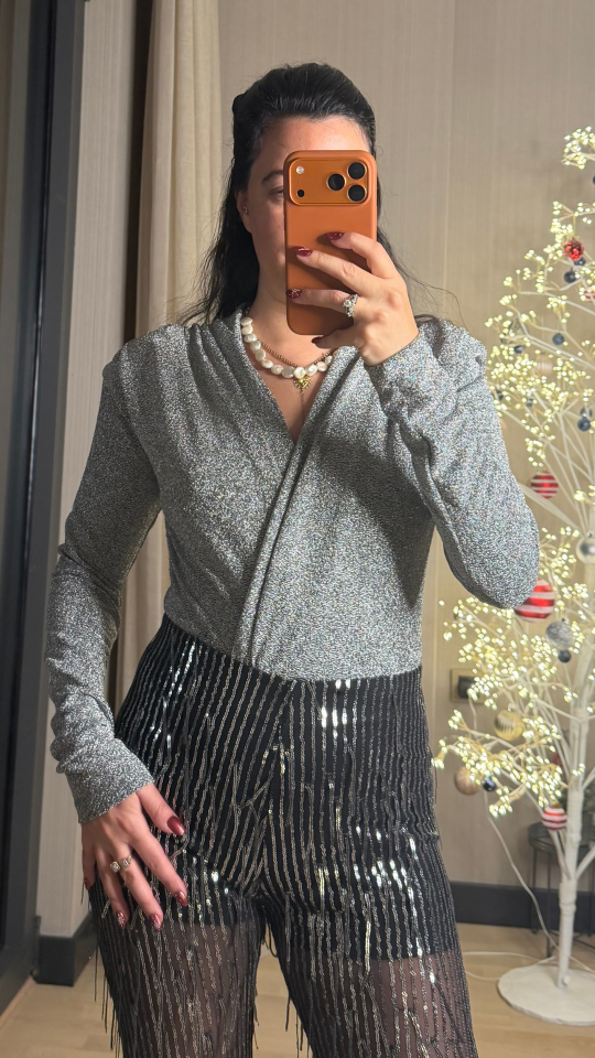 Vatkalı Simli Body Gri