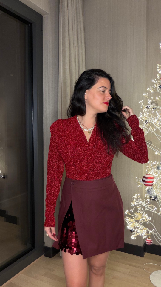 Vatkalı Simli Body Kırmızı