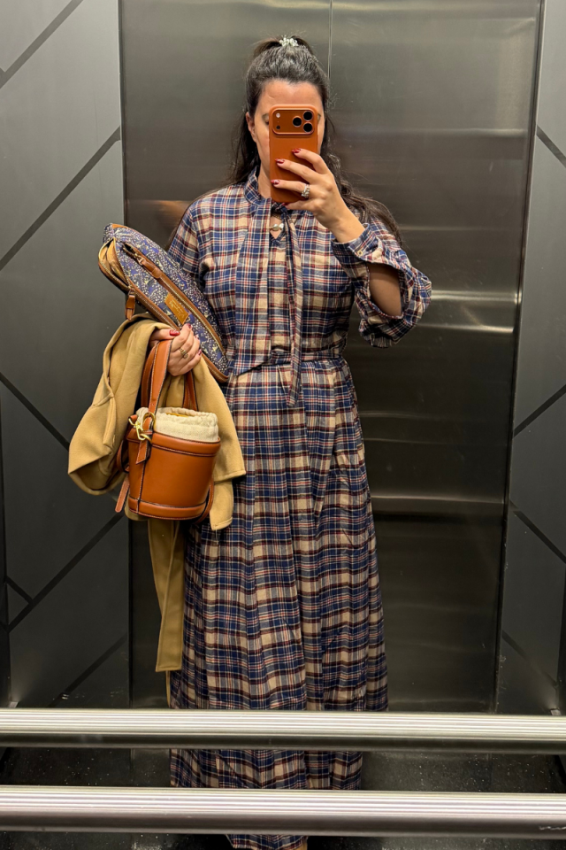 Mavi Krem Ekose Desen Fularlı Kaşe Elbise