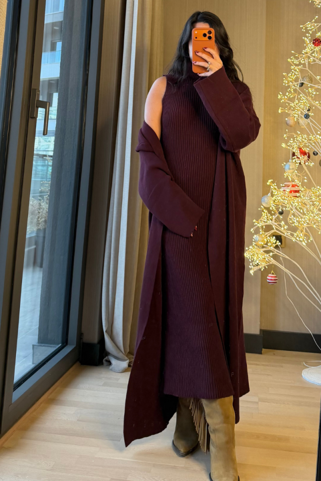 Boğazlı Elbise Hırka Triko Takım Mürdüm