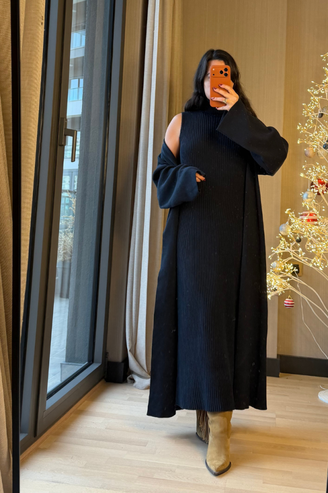 Boğazlı Elbise Hırka Triko Takım- Lacivert