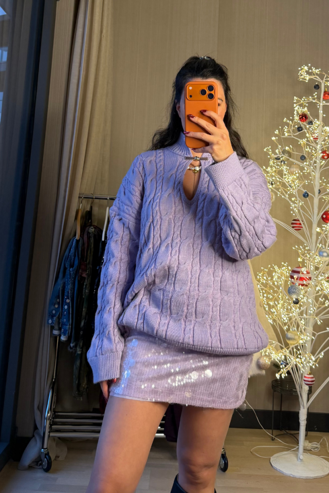 Pullu Lila Mini Etek