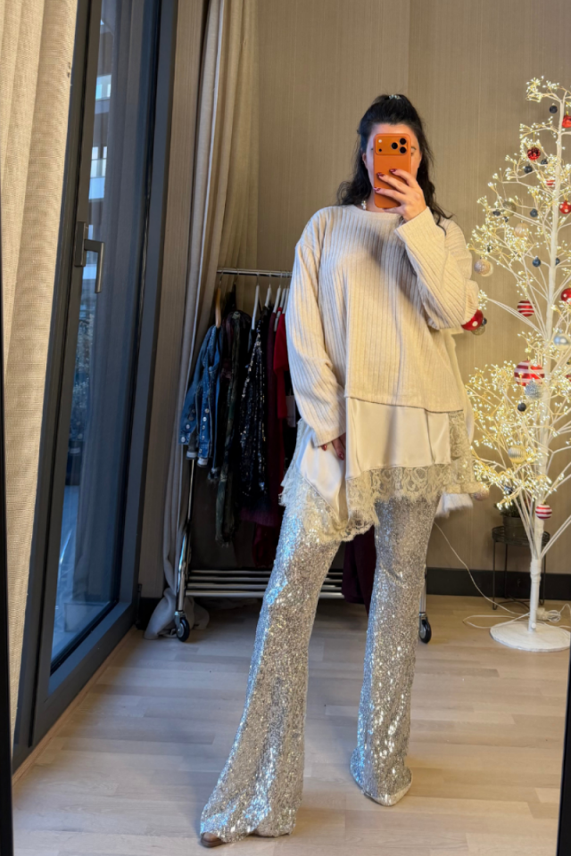 Payetli Yüksek Bel İspanyol Paça Pantolon Bej