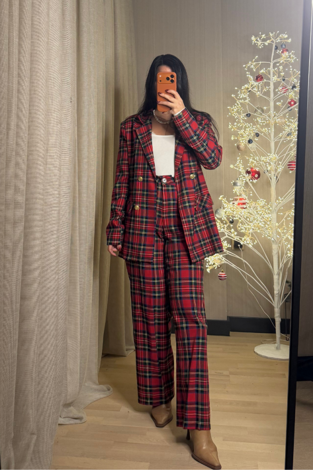 Kırmızı Ekoseli Palazzo Pantolon