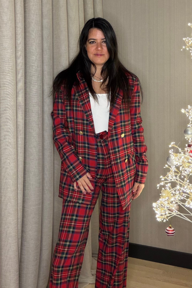 Kırmızı Ekoseli Oversize Blazer